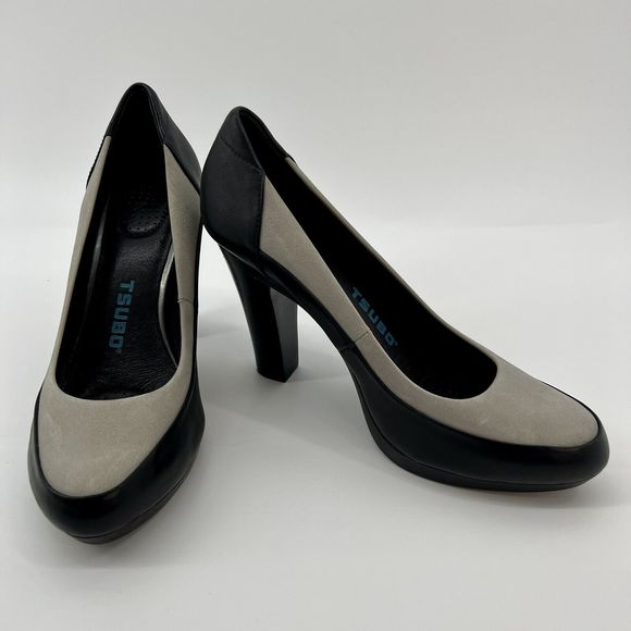 Tsubo Pumps Women's 8.5 Black Leather Gray Suede Stacked 4” Heels Buttery Soft‎ - Picture 2 of 11